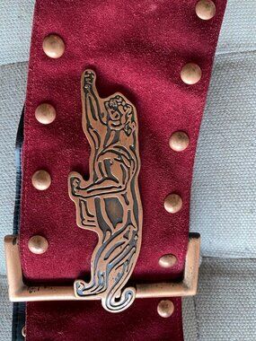 VINTAGE 80s Red Suede Gold Tone Bling Studded Fashion Belt - unique!